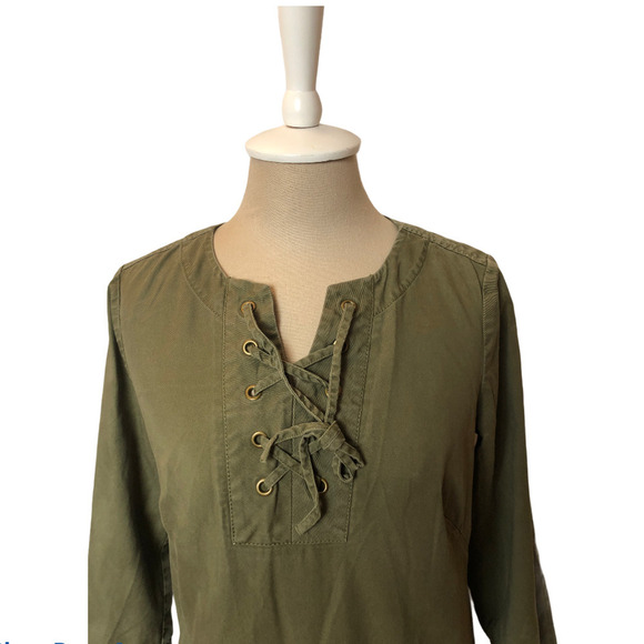 Talbots Ladies Army Green Dress Lace Up 3/4 Long Sleeve Petite Women's Size 6 - Picture 2 of 7